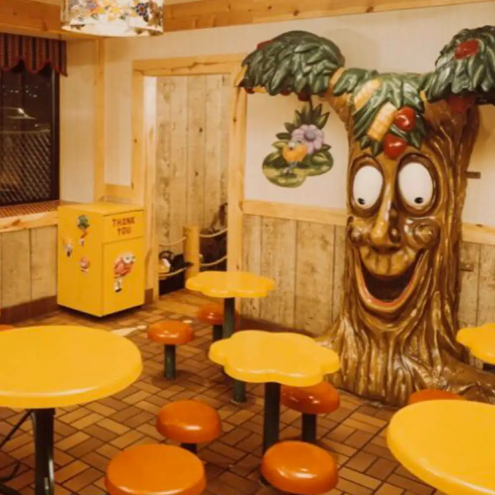 Vintage McDonald's birthday party room featuring the Apple Pie Tree character and hamburger stools.