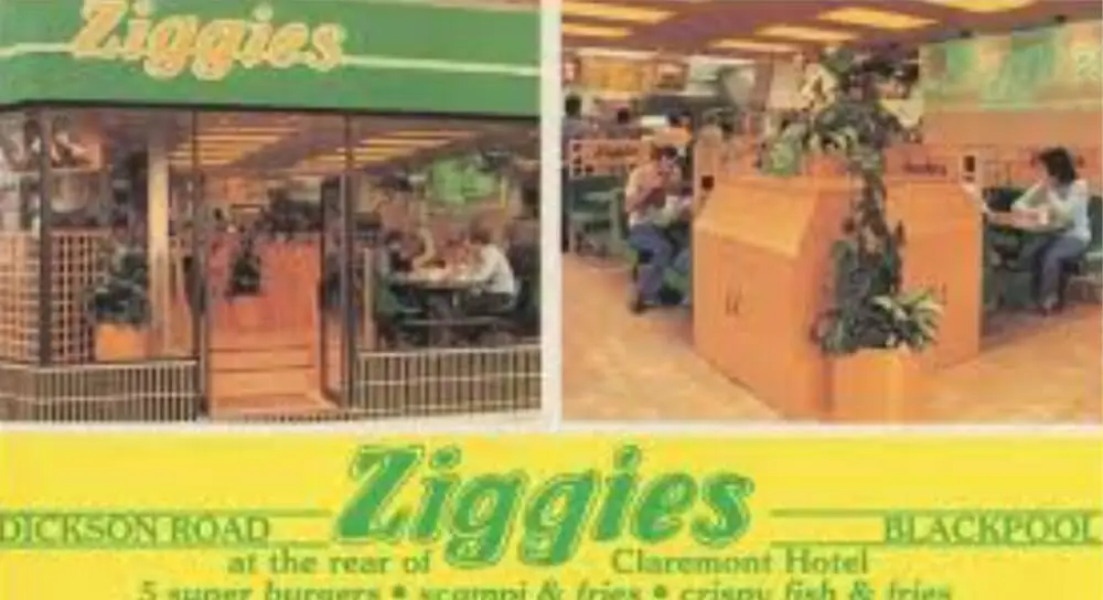 Vintage advertisement for Ziggies burger restaurant on Dickson Road in Blackpool at the rear of the Claremont Hotel.
