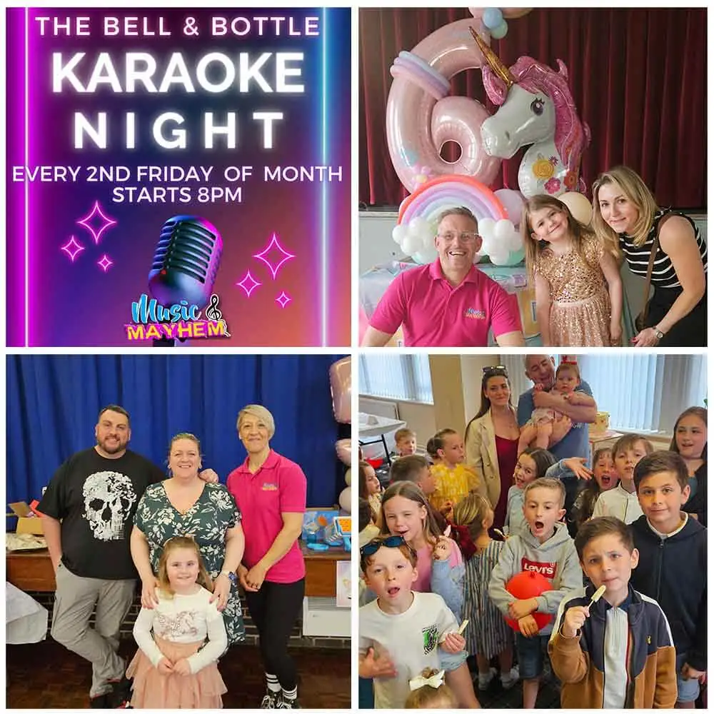 Photo collage from karaoke night at The Bell and Bottle in Kirkham, featuring families and performers singing and celebrating