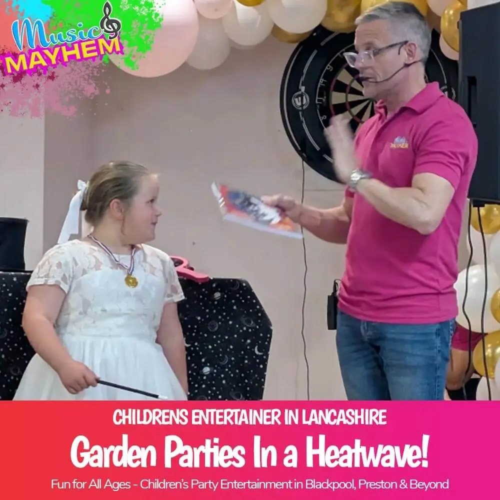 Children's entertainer from Music & Mayhem performing a magic book trick with a young girl holding a magic wand during a 6th birthday party celebration at a bowling club in Lancashire.